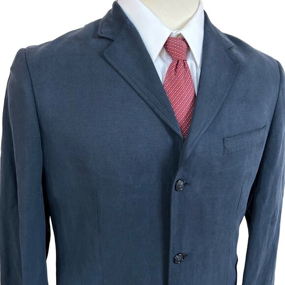 Tasso Elba Mens Blazer 42R Silk Linen Navy Blue Sport Coat 3 Button Suit Jacket